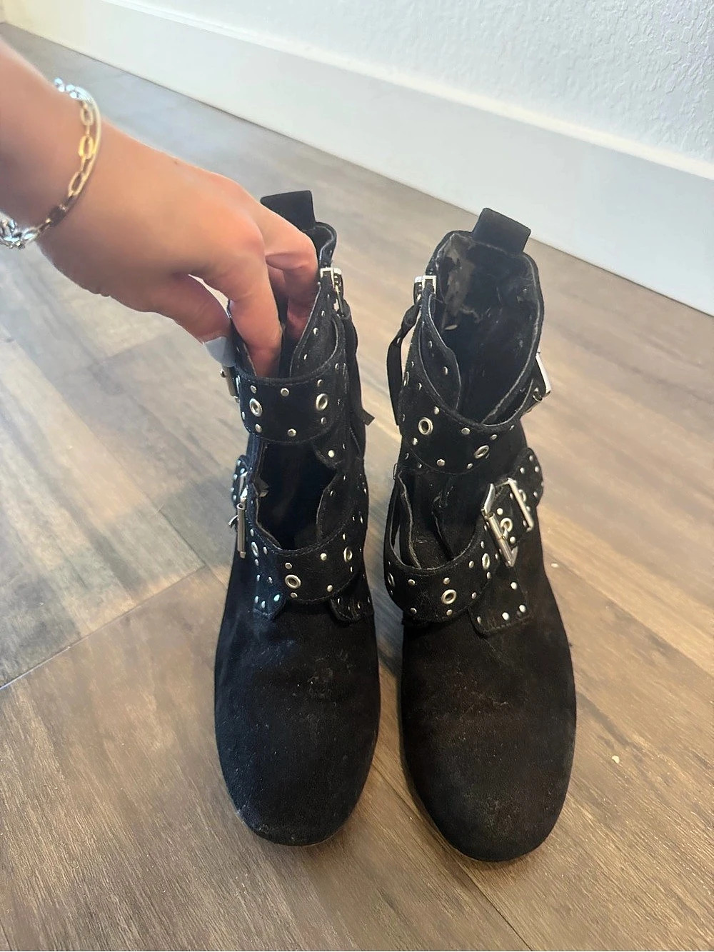 Studded Buckle Ankle Boots in Black